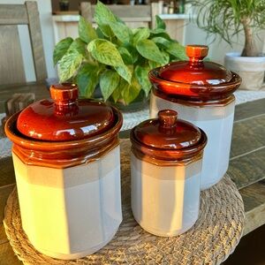 Set of Three Vintage Taiwan Brown Dipped Ceramic Canister/Jar Set